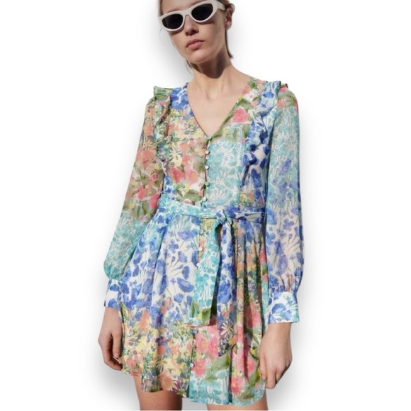 Zara Springtime Patchwork Floral Belted Dress - Picture 16 of 16